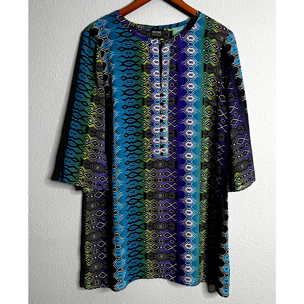 Nicole Miller‎ Womens Large Colorful Long Sheer Tunic Geometric Aztec Fairy Boho